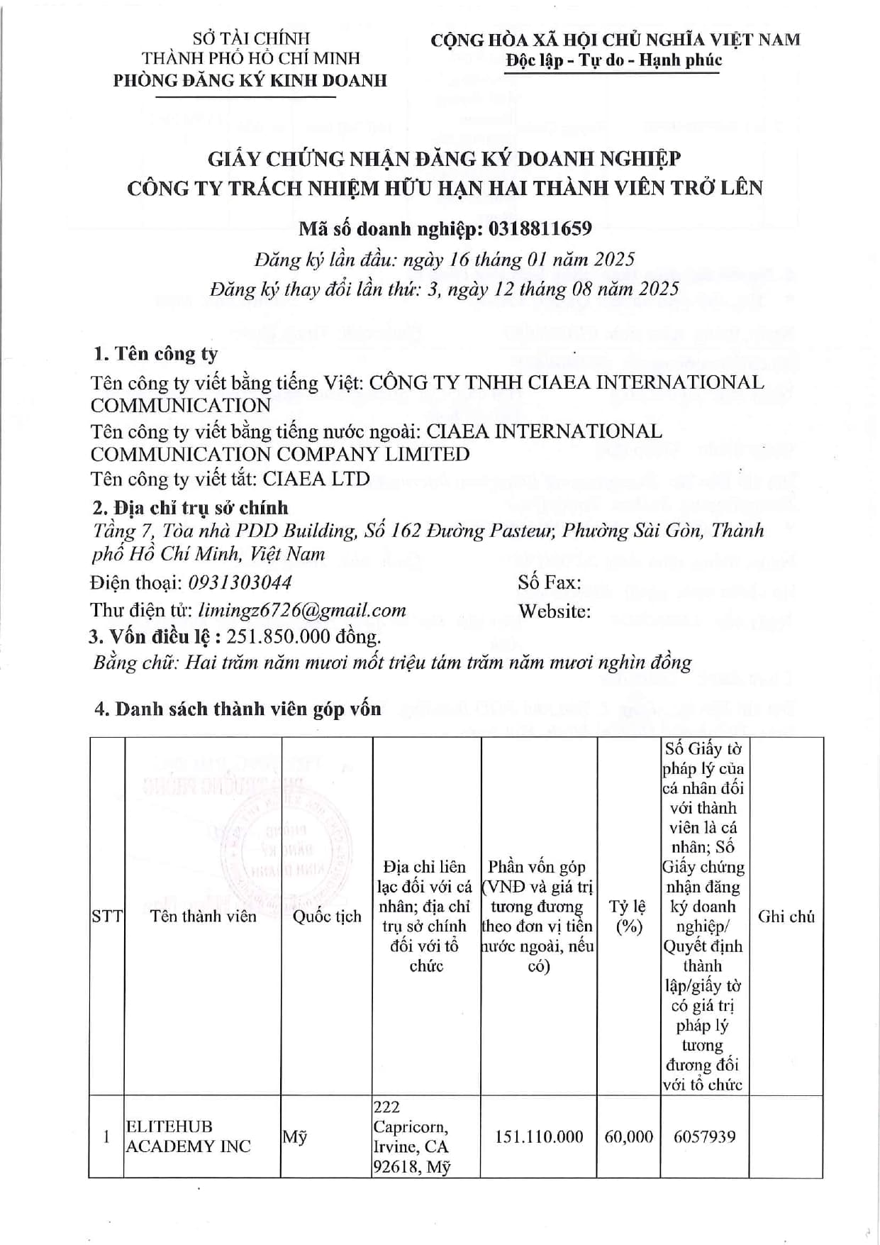 Business registration certificate - page 1
